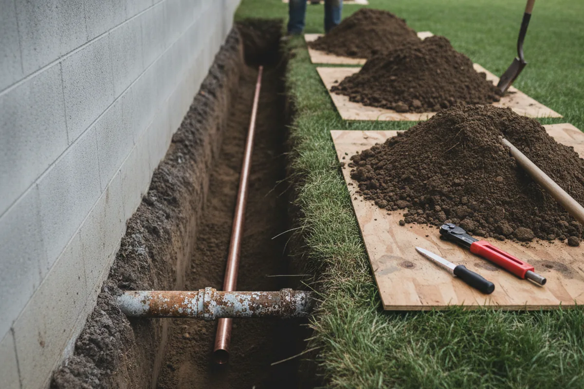Excavated water line trench during Sewer Line Repair in Salisbury